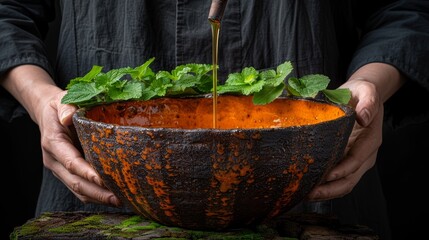 Massage therapist pouring essential oil from a bowl for soothing aromatherapy session