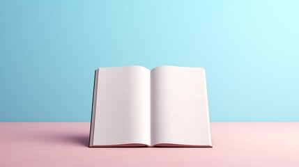 Digital mockup of an open blank book on a pastel pink and blue background, designed for showcasing editorial content or artist portfolios