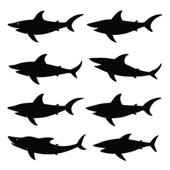 Set of Bronze Whaler Shark animal black silhouettes vector on white background