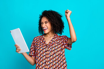 Photo of overjoyed woman with perming coiffure dressed blouse look at tablet win gambling shout...