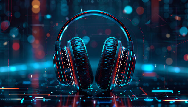 3D music headphone in cyberpunk futuristic background. Neon flickering and glow Wireless headset in blue pink neon effect