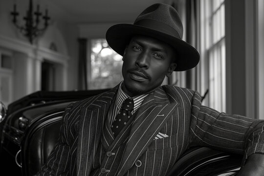 A dapper man in a pinstripe zoot suit with a wide-brimmed hat, confidently leaning against a vintage car, exuding classic 1920s style.