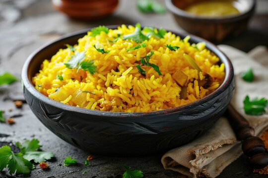 yellow sweet zarda rice in black bowl