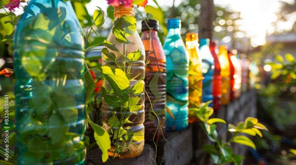 Poster a row of recycled plastic bottles each adorned with a different green plant design create a vibrant 
