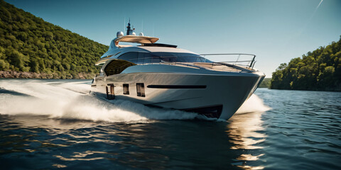 Obraz premium A luxurious, high-performance yacht, gliding effortlessly across the sparkling waters of a sun-drenched river, with a subtle, gradient shadow