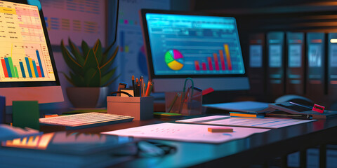 Close-up of a financial advisor's desk with investment portfolios and financial planning tools, representing a job in financial advising