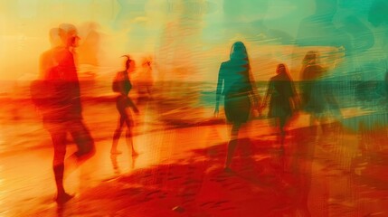 Dynamic Motion Blur. Blurred People Walking at a beach seaside
