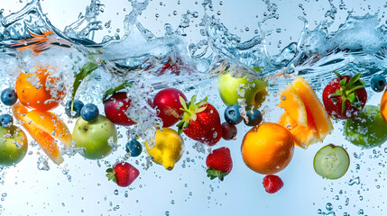 Fresh multi fruits and vegetables splashing into blue clear water splash healthy food diet freshness concept isolated white background