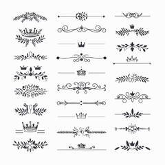 A collection of ornate design elements, primarily in the form of decorative dividers or borders. These designs are symmetrical and feature a mix of floral and crown motifs. They are positioned horizon