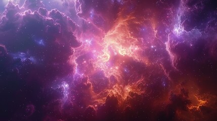 Fototapeta premium A colorful nebula in deep space, showcasing a blend of pink, purple, and orange hues with intricate cloud formations and numerous stars. The luminous and vibrant scene stands out.