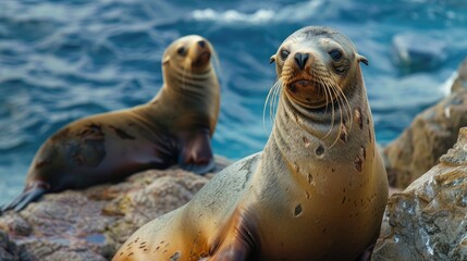 Fototapeta premium Sea lion watching younger sea lion heading to the sea