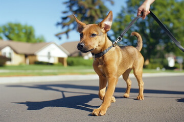Cute mixed breed brown puppy dog learning to walk on a lead with a dog trainer