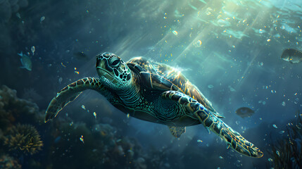 Fototapeta premium Green sea turtle swimming undersea