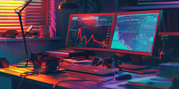 Close-up of a data scientist's desk with data analytics software and datasets, illustrating a job in data science