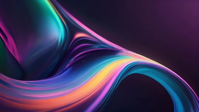 Abstract dark holographic iridescent neon background fluid liquid glass curved wave in motion 3d render. Gradient design element for banners, backgrounds, wallpapers and covers.