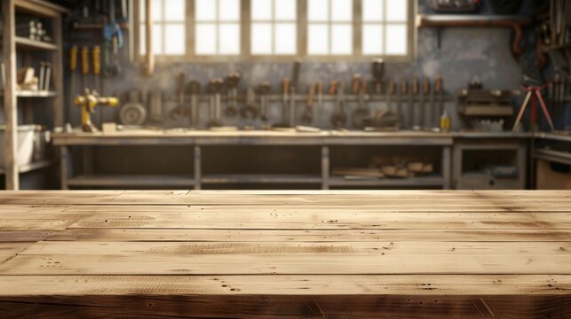 Countertop made of wood against the backdrop of a garage. Empty tabletop in workshop for product presentation. Mockup platform for automobile oils, chemicals or spare parts.