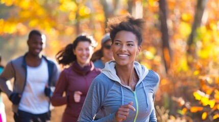 Group of Friends Jogging in Autumn Park
