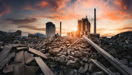 Apocalyptic city destruction scene with ruins. Heavy industry architecture. Death of civilization.