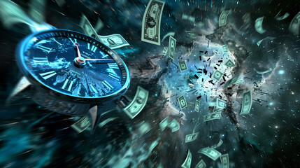 An HD image freezing the split-second pursuit of a clock hurtling through space, money notes trailing behind, emblematic of the constant chase to grasp vanishing economic opportunities. - Powered by Adobe