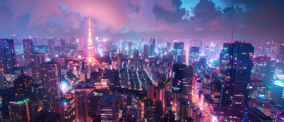 Obraz premium Under the neon lights of Tokyo, futuristic skyscrapers stand tall, a testament to human ingenuity and the relentless march of progress.
