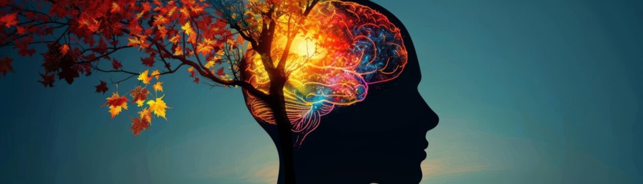Silhouette of a human head with a glowing brain, visualized as a vibrant tree with colorful leaves, symbolizing creativity and enlightenment