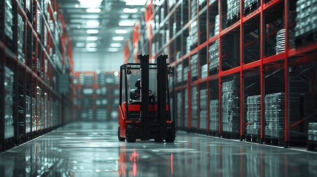 A warehouse is employing artificial intelligence automation to operate a forklift for storage management, utilizing robotics in industrial logistics 
