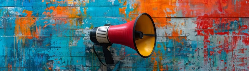 Artistic expression meets activism with a megaphone set against a colorful, painted background, echoing the power of speech