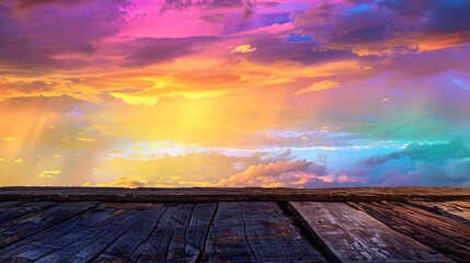 Dramatic Multicolored Sunset Reflecting on Wooden Pier at Tranquil Waterfront Landscape