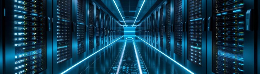 Fototapeta premium Inside the digital core, a corridor lined with illuminated servers, reflecting the vast network of information technology