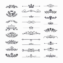 A collection of ornate design elements, primarily in the form of decorative dividers or borders. These designs are symmetrical and feature a mix of floral and crown motifs. They are positioned horizon