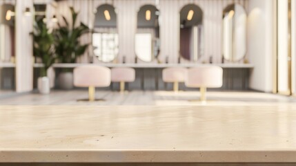 Tabletop on beauty salon background for product. Empty marble countertop with modern interior. Surface mockup in the studio for the presentation of cosmetics.