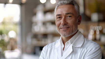 Fototapeta premium Portrait of confident doctor in pharmacy, medical businessman