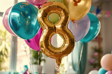 Golden number 8 helium balloon in colorful birthday party setup