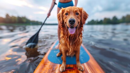 Woman with dog sup boarding, enjoying summer adventure on blue waters, practicing skills