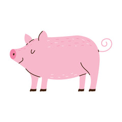 Cute vector pig. Piglet in Hand drawn style. Farm animal. White isolated background.