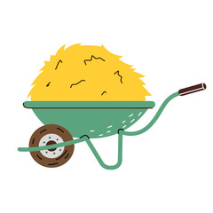 Wheelbarrow with hay. Feed for frmer animals. Hay. Vector illustration in flat style. White isolated background.