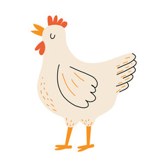 Cute vector chicken. Hen in the hand drawn style. Domestic bird. Farm animal. White isolated background.