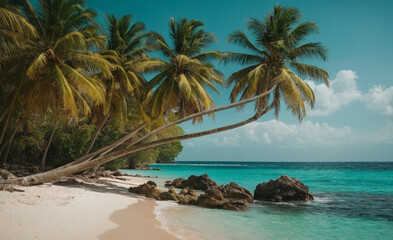 Tropical Paradise Crystal Waters, Swaying Palm, and Thatched-Roof Resort