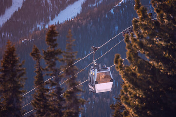 Banner Landscape mountain ski lift resort in winter forest sunset, aerial top view Sheregesh...