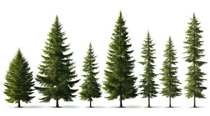 Obraz premium A row of seven evergreen trees of varying heights, isolated on a white background.
