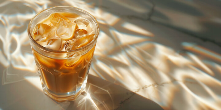 Refreshing summer holiday ice coffee drink in glass, sunshine shadows on beige background.