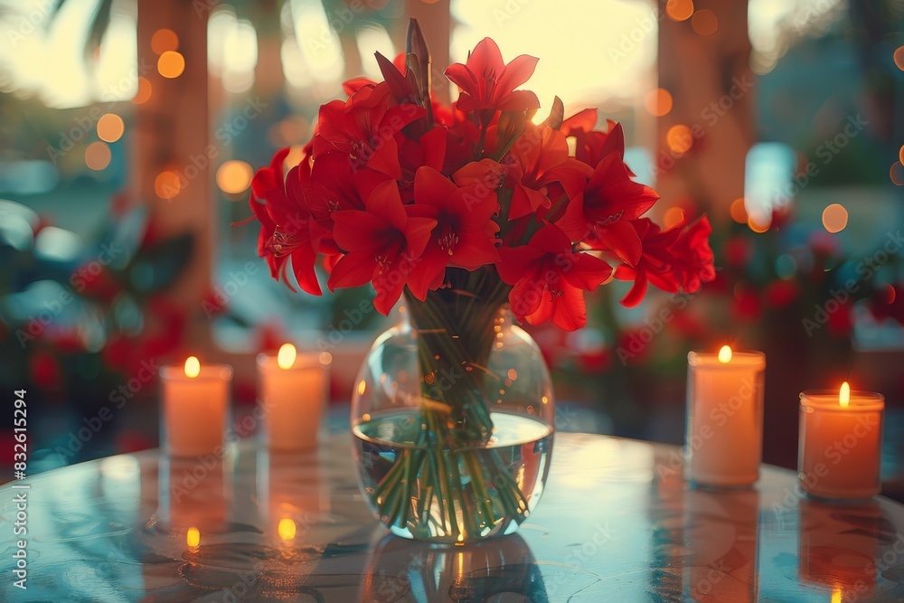 Poster romantic candlelit table setting with vibrant red flowers, creating an intimate and festive atmosphe