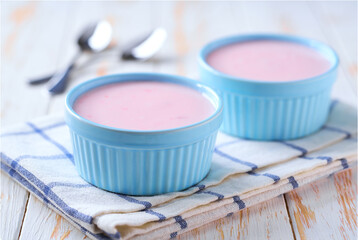 pink smoothie in a ceramic bowl with spoon on a white table, selective focus.