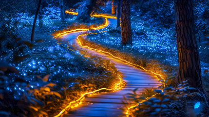 Bioluminescent forest pathway lighting up with nature