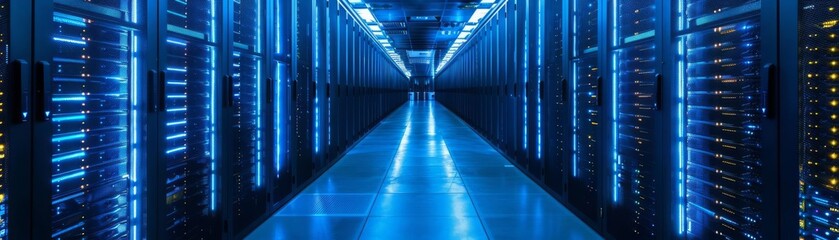 Hightech data center with rows of servers glowing under blue lights, a symbol of modern data storage and cloud computing power