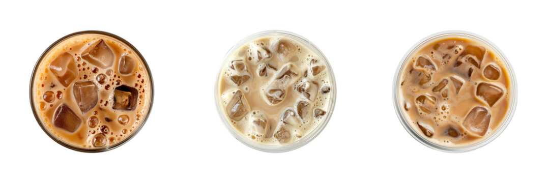 Set of tasty cold coffee isolated on transparent background, top view 

