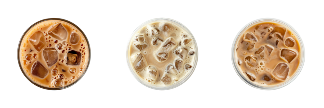 Set of tasty cold coffee isolated on transparent background, top view 
