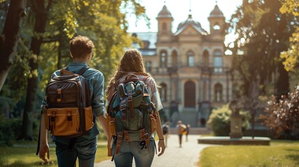 Obraz premium Students with backpacks walking towards a historic university building, bright sunny day, lush green campus, Realism, High detail 8K , high-resolution, ultra HD,up32K HD