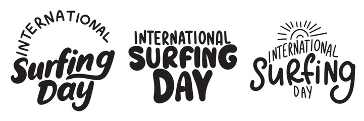 Collection of International Surfing Day text lettering. Hand drawn vector art.