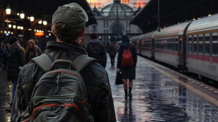 Young traveler with a hat and backpack, sunlit train station, vibrant sunset colors, Realism, High detail 8K , high-resolution, ultra HD,up32K HD
